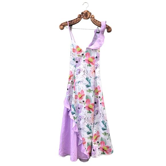 Urban Outfitters Midi Dress Darcie Color Block Floral Ruffle Sprinkle Dots M - Picture 1 of 14